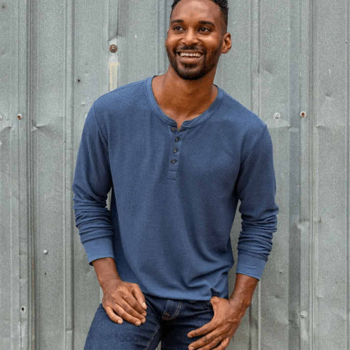 Men Washed Navy Waffle Henley Tecovas 62NN35