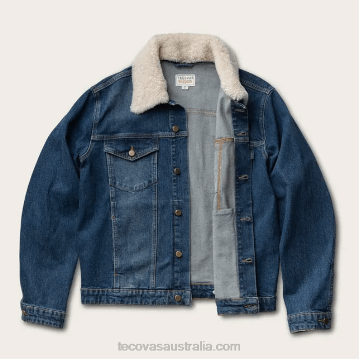 Men Medium Blue Shearling Denim Trucker Jacket Tecovas 62NN28