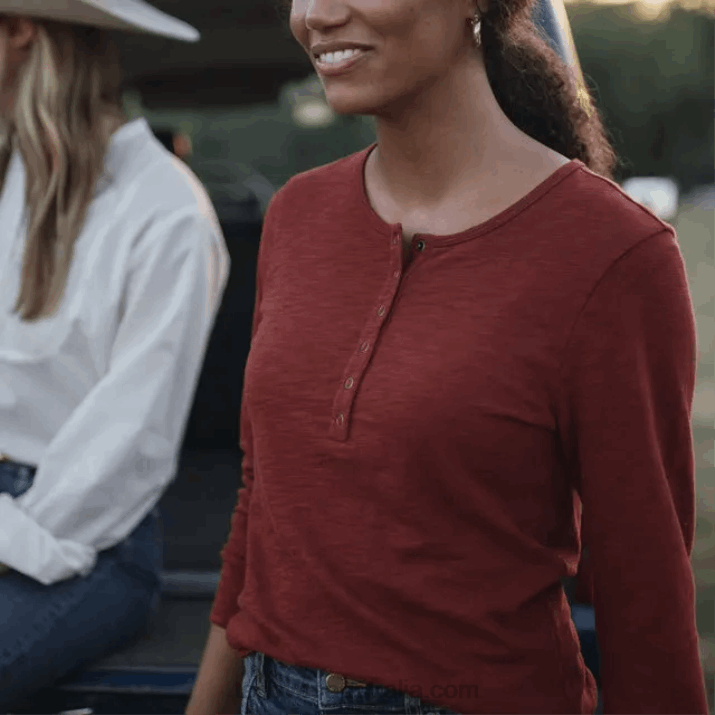 Women Brick Long Sleeve Cotton Slub Henley Tecovas 62NN159