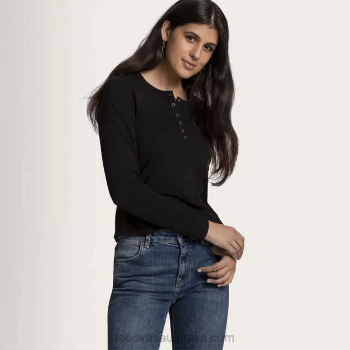 Women Onyx Long Sleeve Cotton Slub Henley Tecovas 62NN161
