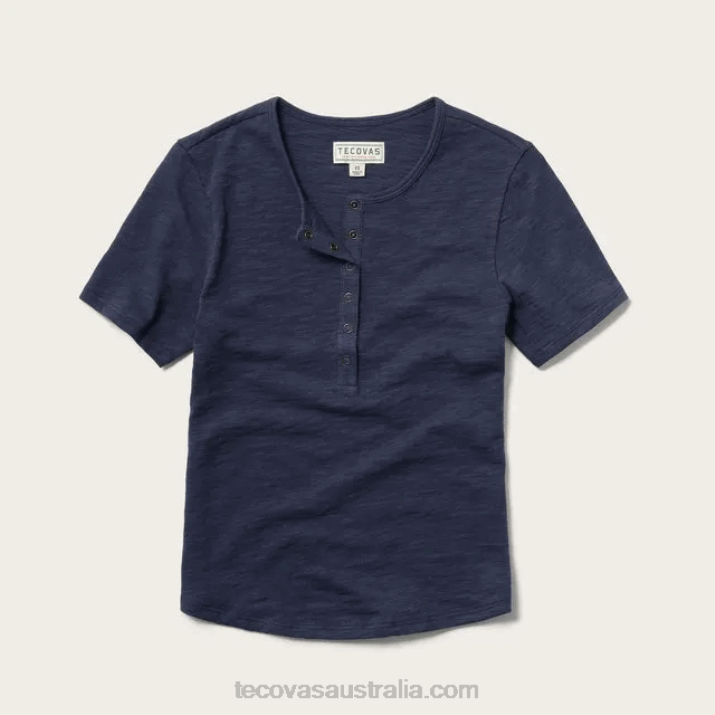 Women Washed Navy Short Sleeve Cotton Slub Henley Tecovas 62NN155