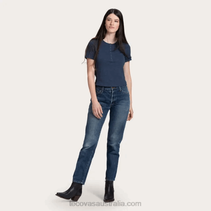Women Washed Navy Short Sleeve Cotton Slub Henley Tecovas 62NN155
