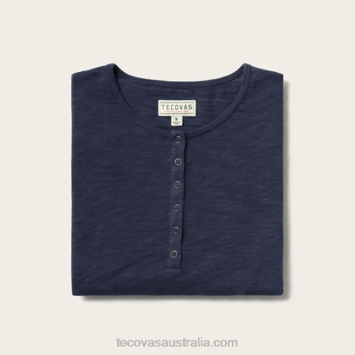 Women Washed Navy Short Sleeve Cotton Slub Henley Tecovas 62NN155